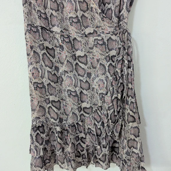 Allsaints Priya Snake Print Ruffle Pring Wrap Mini Dress Sleeveless Beige Large - Picture 7 of 11